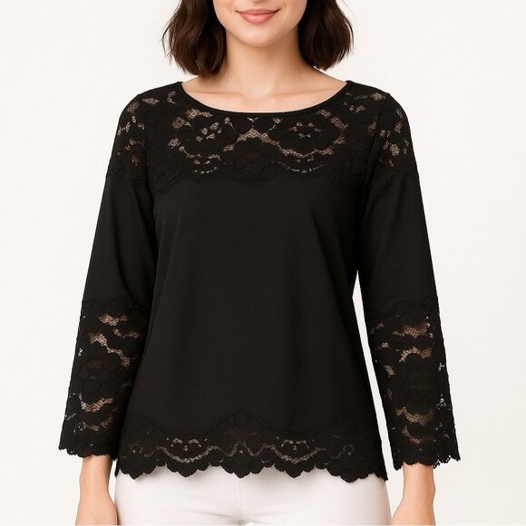 Plenty By Tracy Reese Women's Top Black Sz S Lace Inset Boxy Classic Blouse - Picture 1 of 13